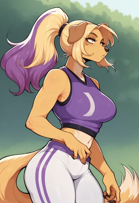 sexy furry yellow dog girl, curvy, ponytail hair, purple sleeveless sport tshirt, white pants, blond hair,