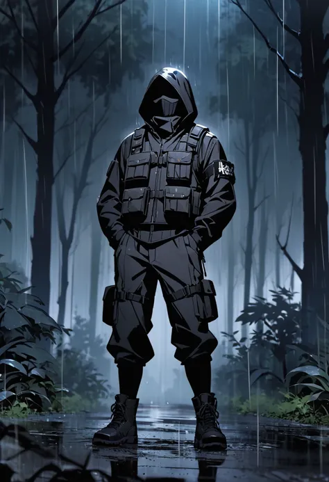 Male, black clothes, hood, thin waist, dark forest, dark, night, rain, black balaclava, black mask, hands in pockets, black bulletproof vest, black armbands, black long boots 