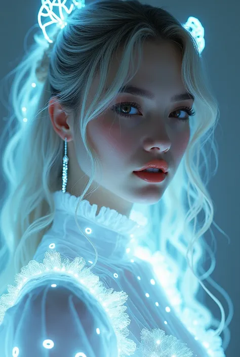 ((gem_light elements)), (translucent luminous body_wearing a white frilly shirt), (girl made of light: 1.2, long curly hairstyle...