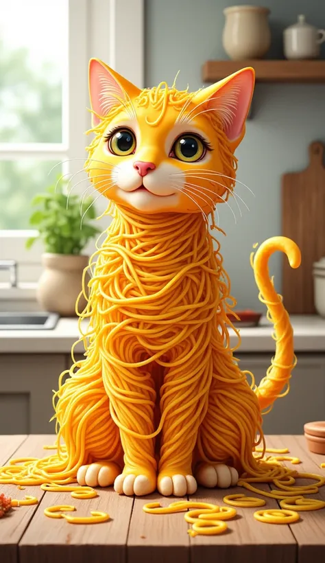 an anime style cat made of spaghetti sitting on the kitchen counter