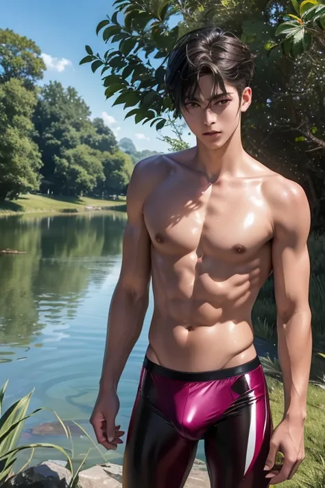 young skinny toned 18 years old man , japanese solo-idol, ultra-tight ultra-shiny longer knee length blue short swim tights, tight-fitting to the legs, (his male bulge is full, shiny, highlighted, deeply constrained, bulging:1.4), low-rise swim jammers sli...