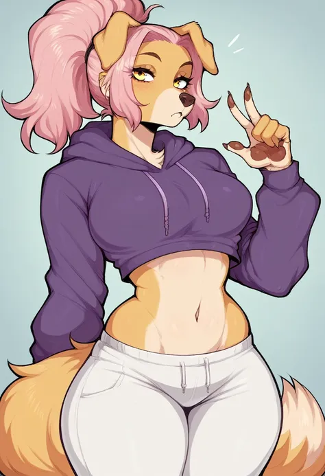 sexy furry yellow dog girl, curvy, ponytail hair, purple hoodie, white pants, blond hair,