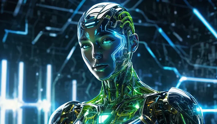 Visual Representation of Artificial Intelligence (AI). This image is、 depicting a futuristic humanoid with elements of cybernetics and technology integrated into the design。.。.。. In the background、It has a luminous neural network and a lattice of complex c...