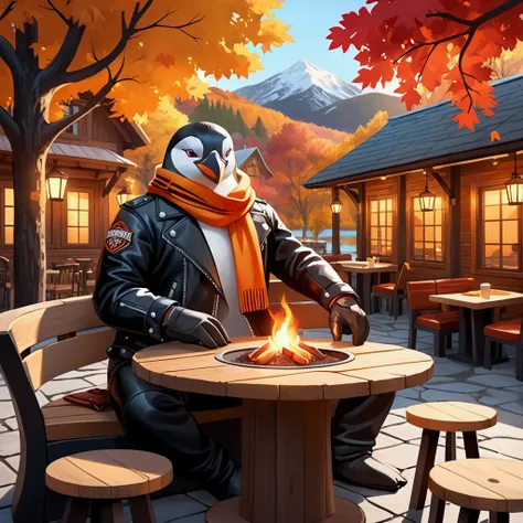 Closeup, An extremely badass penguin wearing an insanely cool black leather Harley Davidson biker jacket open, black leather biker gloves, black leather biker pants, warm scarf relaxing at a cozy outdoor café terrace with wooden dining tables and chairs, a...