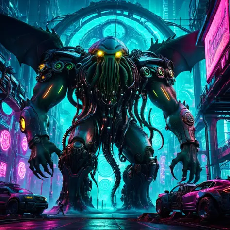 cthulhu creature in futuristic cyberpunk world, chrome mechanical design, intricate gears and machinery, glowing neon lights, dy...