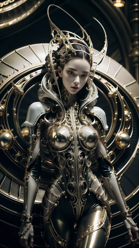 girl with futuristic mechanical armor in black and with gold metallic details,  body image of legs upwards ,  legs spread wide, ...