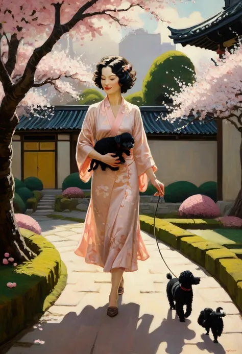 oil and acrylic painting. In the style of Dave McKean, Klimt. A 30-year-old European woman walking with her little black dwarf poodle in a lovely Japanese garden during the sakura season. peaches and cherries are in full bloom, pink and white petals fall l...