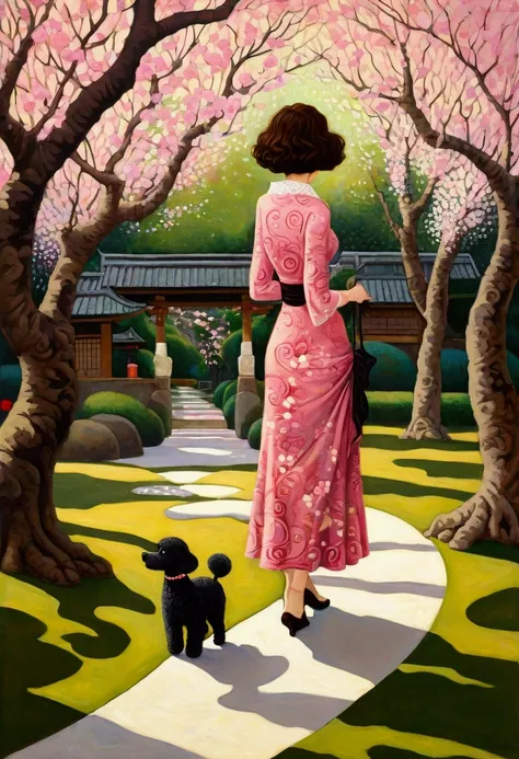 oil and acrylic painting. In the style of Dave McKean, Klimt. A 30-year-old European woman walking with her little black dwarf poodle in a lovely Japanese garden during the sakura season. peaches and cherries are in full bloom, pink and white petals fall l...