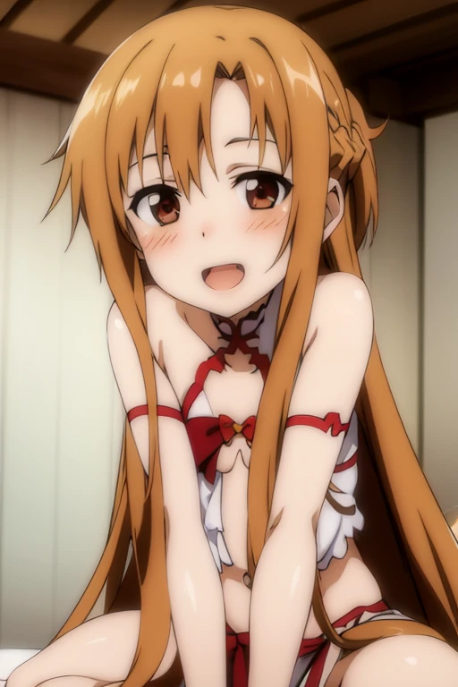 ((Best Quality)), ((masterpiece)), (be familiar with),  perfect face, indoor, bedroom,  watching viewers ,
One woman, Yuuki Asuna,
 open mouth , Ecstatic expression, blush, smile,
Small breasts,  flat chest, , ,  kids, Girl,
Long Hair,  long hair,
Leg spre...