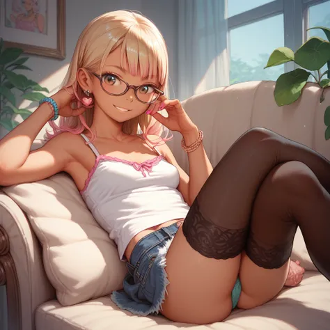 1girl ,gyaru,,,small breasts,looking viewer,smile,,,,glasses,camisole,denim skirt,crossed legs,panties,thighhighs