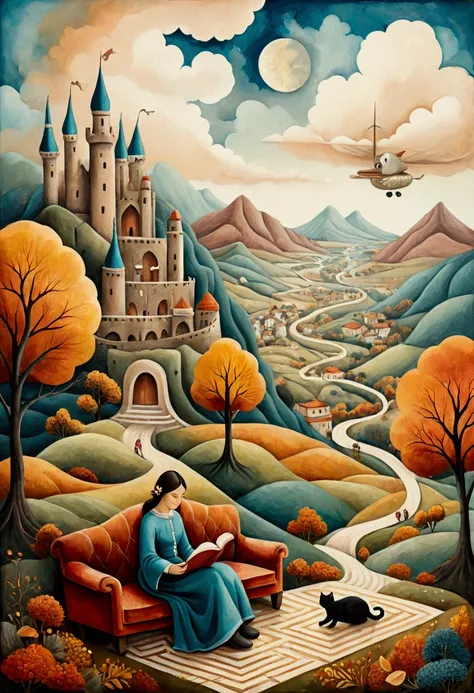 Overlaid texture on roughly woven canvas.  naif folk art. oil and watercolor. stylized figures. On a cloud held to the ground by cords is a sofa with a woman sitting reading a book. Two cats are sitting next to her. Autumn landscape with mountain hills, pa...