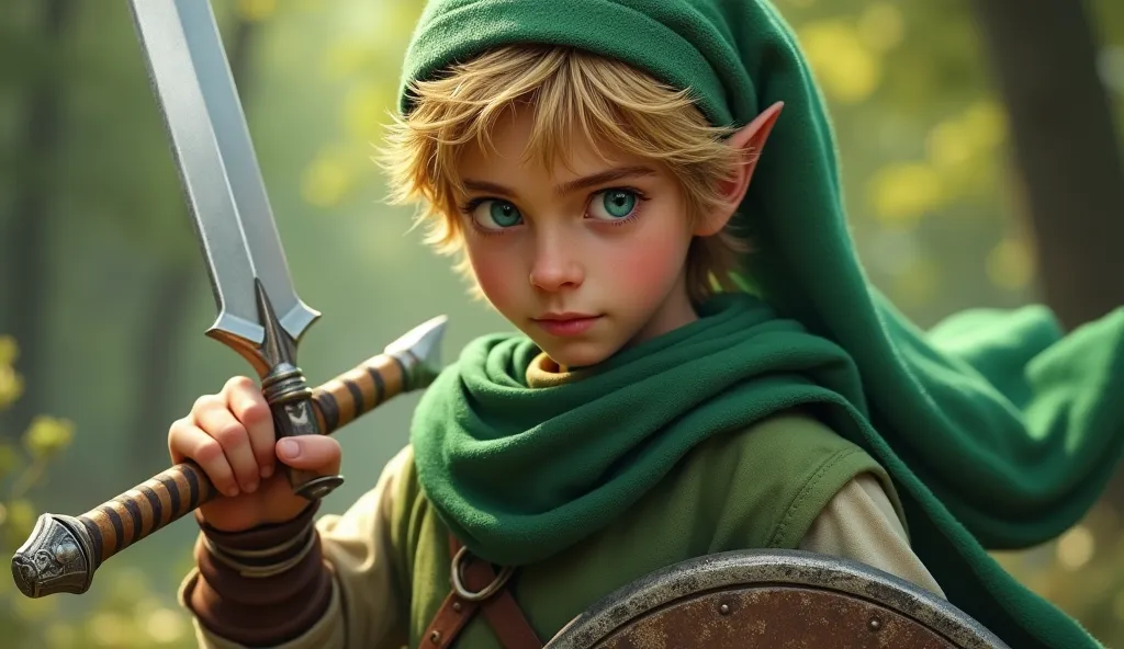 young boy, blond hair , handsome boy, blonde hair, expressive blue eyes, green hat, green tunic, , holding a sword and a shield, perfect body , no tattoos, 18 years old, hyper realistic, 8k