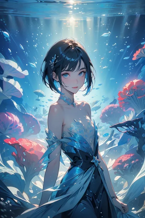 Official Art,Best Quality, (1 person:2.0), Neutral Male,( flat chest:1.3), 7 heads,(Blue World),Black Hair,( BOB CUT HAIR),Jellyfish motif costume ,(Underwater Garden ), Coloured Corals,(Drifting underwater:1.5),full body shot,smile,Fantastic Background,A ...