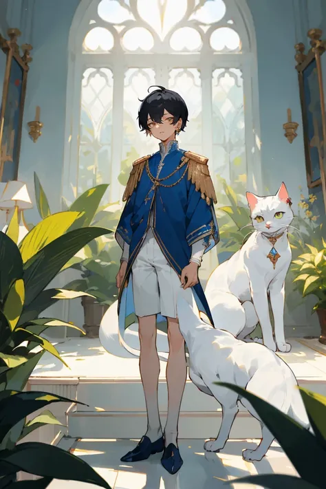 (masterpiece, best quality), black short hair, plant, looking at viewer, gold eyes, Sharp eyes, (white cat), white and blue royal clothes, long sleeves, ((short pants)), indoors, solo focus, standing, 1man, 25 years old, jewelry, earrings