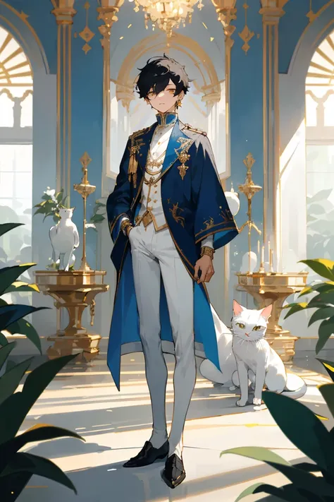 (masterpiece, best quality), black short hair, plant, looking at viewer, gold eyes, Sharp eyes, (white cat), white and blue royal clothes, long sleeves, ((short pants)), indoors, solo focus, standing, 1man, (25 years old), jewelry, earrings