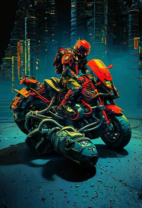 detailed cyberpunk motorcycle, futuristic motorcycle, riding on the road, motorcycle from behind view, 1 person riding motorcycl...