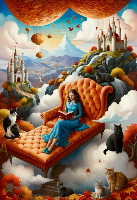 Overlaid texture on roughly woven canvas. naif folk art. oil and watercolor. stylized figures. A woman, together with her two cats is on a sofa suspended on a cloud, reading a book . Autumn landscape with mountain hills, paths that move in many directions,...