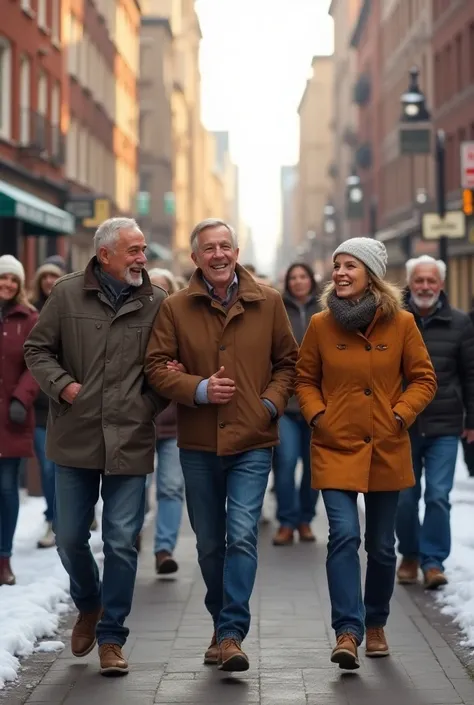 hyperrealistic, groupes damis homme et femme quinquagénaire qui marchent en ville en riant.habille en hiver. Beau temps couleur chaude