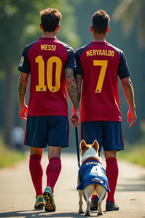 "Create an image from a back perspective of Lionel Messi and Neymar walking together, showcasing their jersey numbers. Messi is holding a dog on a leash, which is wearing a Cristiano Ronaldo jersey with the number seven prominently displayed. Include the n...