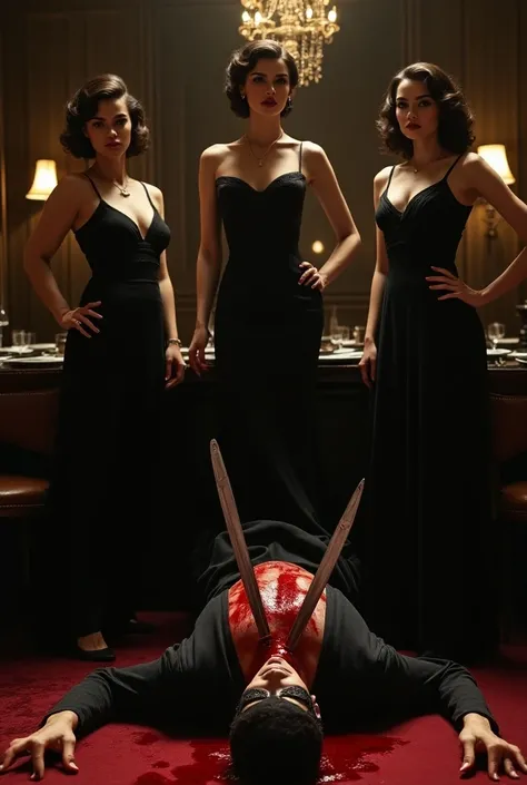 Hight quality, realistic, a group of very beautiful woman, male neck bloody splashed, woman in 1945, woman big breast, male mask, male black hoodies, several long knife stuck into male neck, male kneel woman, male die, woman luxury restaurant