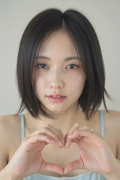 She is in a pose wearing a sexy camisole, making a firm big heart shape with both hands, and holding it in front of her chest, Cute smile up