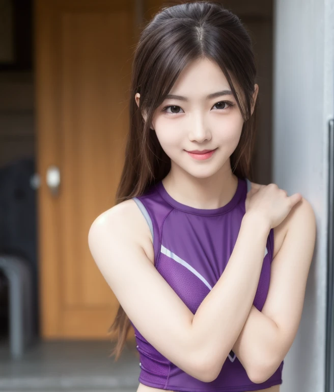 shibuya kanon, solo, perfect eyes, purple eyes:1.2, perfect lips, cute face, blush face, training clothes, 1girl, solo, ((, full body)), masterpiece:1.1, realistic:1.2, cute girl, cute face, smile, perfect eyes, perfect skin, lustrous skin, shiny skin, loo...