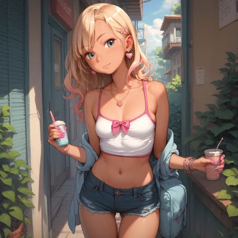 1girl ,gyaru,,,small breasts,cute,collarbone,navel,thigh