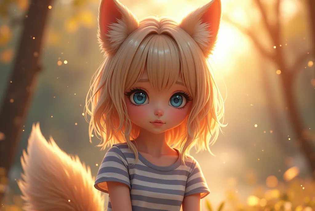 masterpiece, Best Quality, Wolf Girl,  elegant,  1 Girl, Wolf ears, Wolf&#39;s Tail, cute, Blushed,  watching viewers , the above,  blond wavy hair ,  miniskirt in length, black and white striped t-shirt,  blue eyes ,  beautiful eyes, Beautiful background, Particles of light, sun rays,  Dramatic Lighting , outside,  shiny , Realistic, masterpiece, Best Quality, ultra- Details,  Details, scenery, beautiful  Details eyes,  Details hair