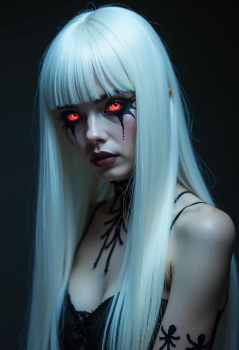 cosplayer, long smooth white wig with fringe, red eyes, estilo halloween