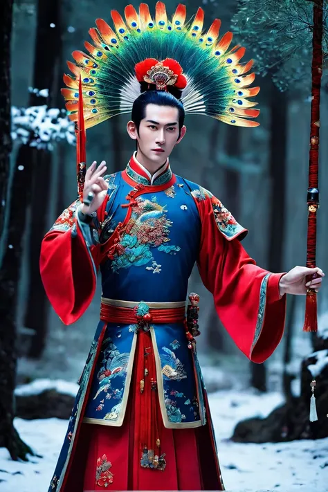 xcyp  , beast in chinese mythology , the puppet peacock king wears luxurious hanfu and armor, red red magic suit , behind it is ...