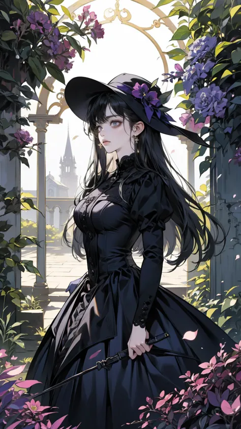 ネオゴススタイルの   girl, Wearing a black dress and a white collar,   wearing a black hat   、Wearing heavy makeup,   She's standing in an enigmatic garden   、Surrounded by vines   .  dark purple flowers are in full bloom in the garden   .、Gothic architecture in the background。.   girl&#39;Iの髪は黒色、   her hair is long braided   .、   red roses blooming next to her   。. Her eyes are sharp、It&#39;stabbing.,   thick black eyeliner and long lashes  .   she has white skin  .、Lips bright red.. The atmosphere is gloomy and eerie, Dim lighting casts long shadows.   This work is a collaboration between digital illustration and photography.., result、そのresult、Incredibly high resolution images。. Most colors are dark、I&#39;kind,   dark red and purple create a dark beauty   ..    The overall style is neo-gothic    ., Horror,   portrait photo of a cubs hugging ,   creates a unique and fascinating visual experience   .Dark Imagery