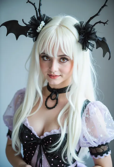 cosplayer,  long plain white wig with fringe, red eyes, a bit fat halloween style