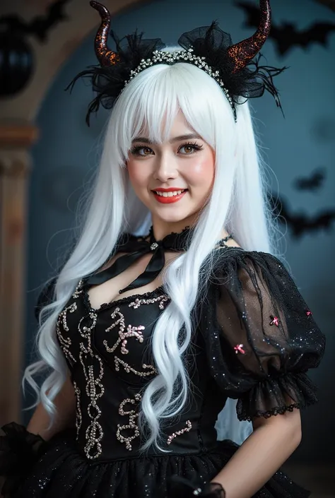 cosplayer,  long plain white wig with fringe, red eyes, a bit fat halloween style , bat catches