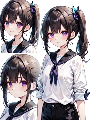 very detailed , kanao tsuyuri,  kampala、 closed mouth、smile、 black hair ,  butterfly ,  butterfly  hair ornament, ( purple eyes:...