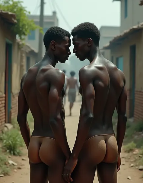 Two Pakistani black dark skin, tall skinny slim adult men, naked completely, in an abandoned village. No muscles.. Showing backside ass butt. Naked, . Completely naked, closeup shot of sweaty black ass. too much sweaty, looking each others, full body view,...