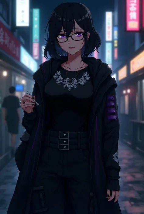 Black Hair,Purple Eyes,One-sided glasses , Medium Hair , adult woman,Long sleeve with white embroidery on a black base Ｔshirt,Dark circles under the eyes,Exhausted look,cool,Neutral,Dignified feeling , cargo pants with a black white pattern , hooded long c...