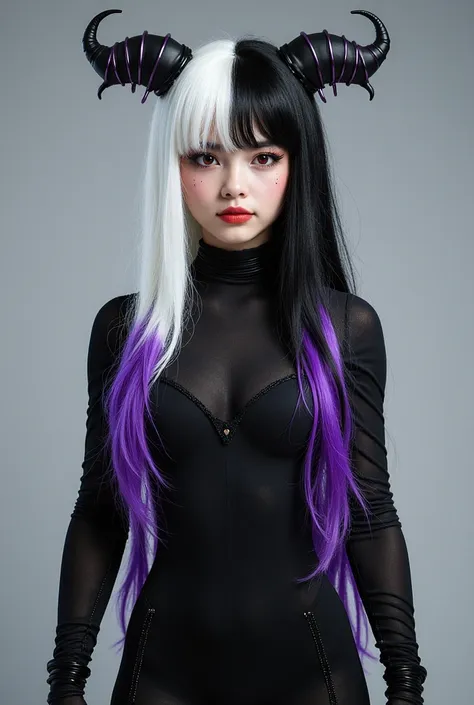 cosplayer, long white black wig with purple tips with fringe, red eyes, a little fat, halloween-style black closed clothing