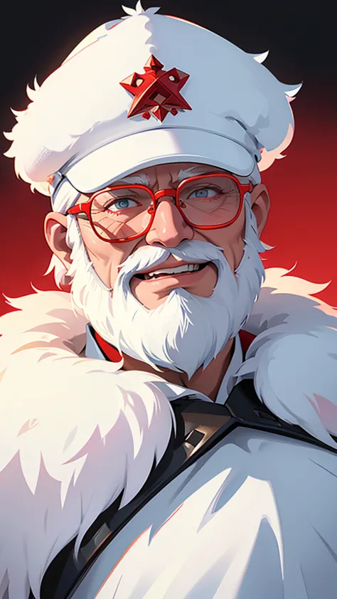 grandfather frost from russian, white beard, kind happy face, red fur coat, neon glasses, baseball cap