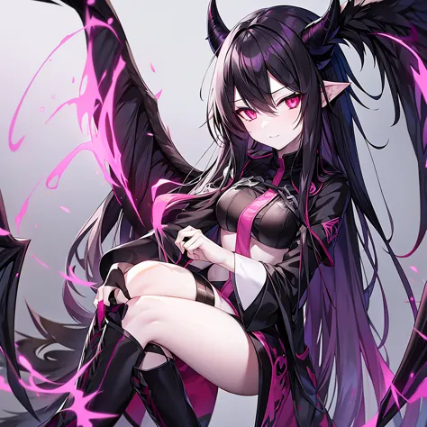 generate a demon waifu with black wings  ,   black horns and pale skin with pink eyes and black hair