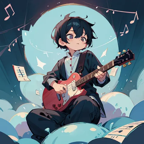 Chibi、male、Black Hair、 short haired 、solo、Playing guitar、 fluffy clothes、Surrounded by musical notes、 pop illustration 、Best Quality,  wide angle shot, masterpiece, 