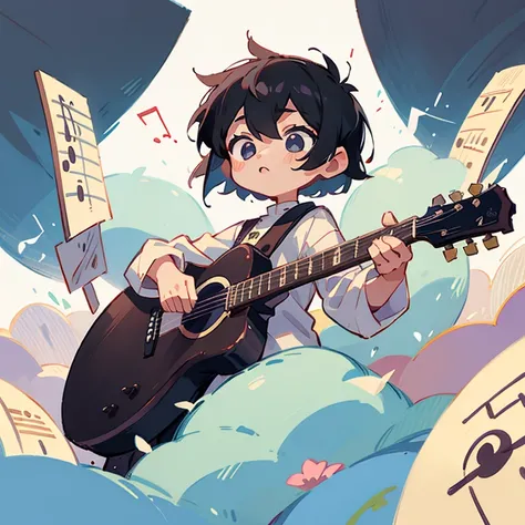 Chibi、male、Black Hair、 short haired 、solo、Playing guitar、 fluffy clothes、Surrounded by musical notes、 pop illustration 、Best Quality,  wide angle shot, masterpiece, 