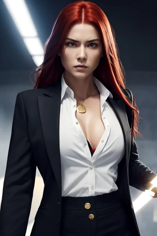 A fierce, red-haired woman stands in a confident and combative pose. Her long, straight red hair frames her intense expression, and she is dressed in a sharp, black suit over a white shirt, giving her a formal yet intimidating appearance. In both hands, sh...