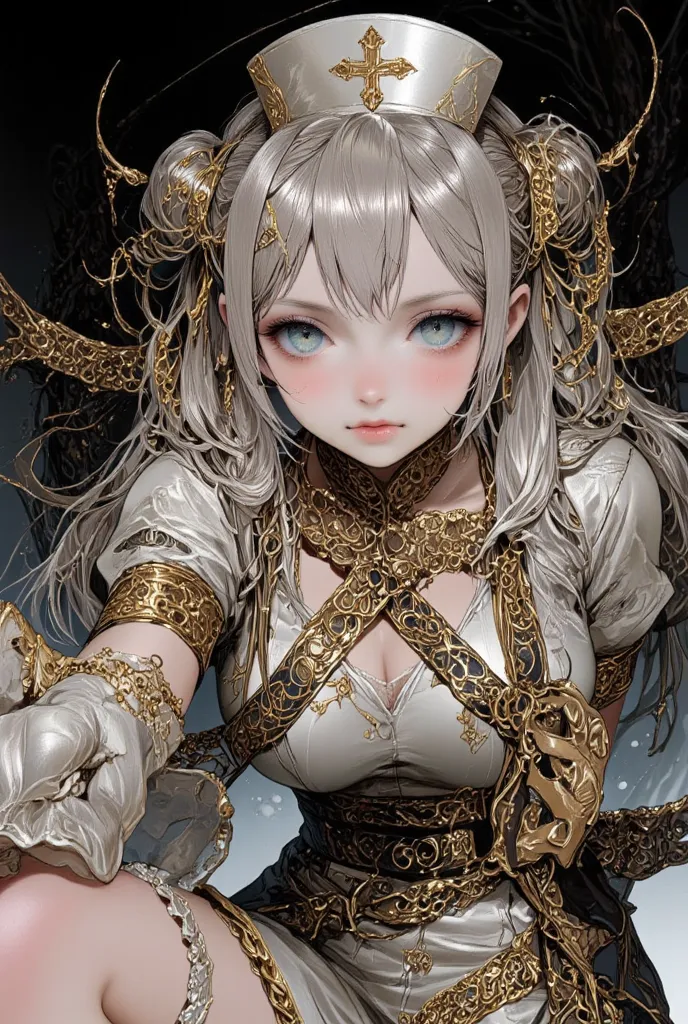 1girl look at me, gold style, nurse costume, cross, exquisite digital illustration, dark fantasy, intricate art work, dark backg...