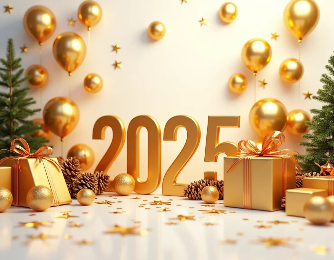 3D New Year celebration filled with golden balloons, modern 3D numbers 2025, gift boxes, Christmas tree and pine cones. Perfect for holiday designs, greeting cards.on white background