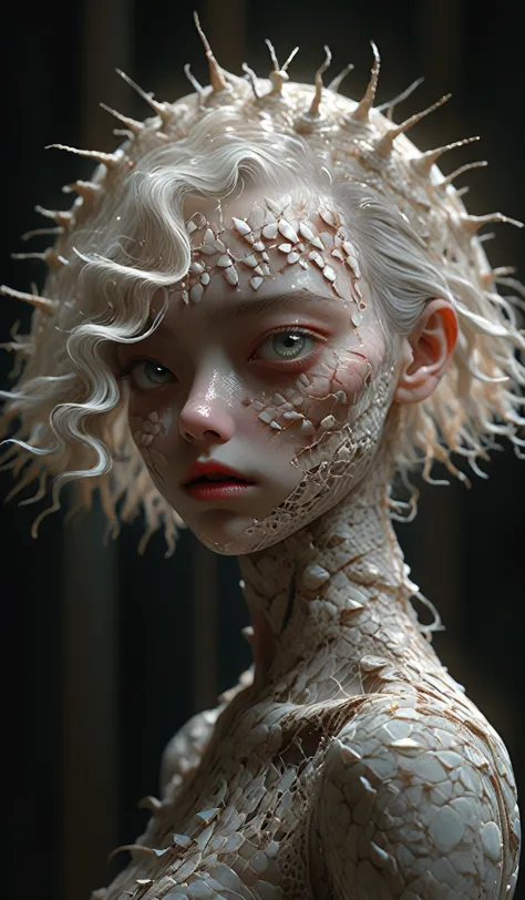 a pale skin girl, detailed eyes, detailed lips, beautiful detailed face, fused moth face, wet skin, moth antennae, short white h...