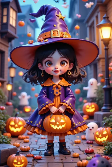 Micro Landscape,3D model figure,cute witch ,, Hand candy basket , Halloween theme,Lots of candy, pumpkin lantern, intense light and shadow , Use fluorescent colors , with fluorescent colors . Model character, 32K,