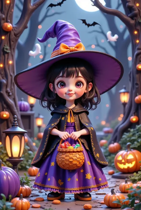 Micro Landscape:crazy little witch,Halloween theme,Hand candy basket ,3d,Model character