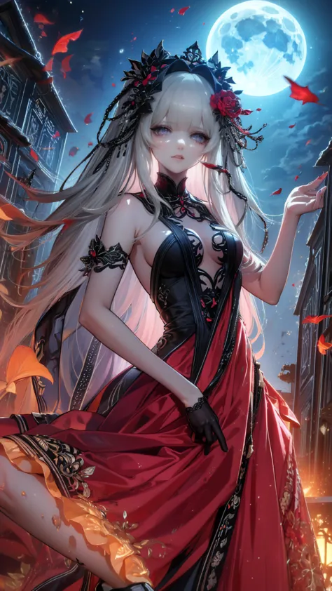  very detailed な壁紙,  very detailed , Detailed Shadows,  very accurate and detailed , High resolution 8K wallpaper,  very beautiful 8K scene wallpaper modin disney, Arafed,  action shot, Dark  Fantasy Art ,  Fantasy Art , Gothic art,  Picture of a Female Vampire , Exquisite beauty, whole bodyショット , dark glamour shot, pale white skin , Blonde, Long Hair,  Wavy Hair, ( Sparkling Grey : 1.3) eye, she (red: 1.3) red thigh suit, ArmoredDress, she手に剣を持っている, ( Ready for Battle : 1.4) ,  Roses are printed on the suit (black: 1.4) black roses,  High Heels , dark castle, dark, black and color,  Dark Art Painting Style , flower dress, (( 1 Girl, Alone, Alone, Ninim , Gray Hair, redいeye,  hair ornament, Small breasts, Long Hair,  fitness )), ((Alone, (1 Female, Pink lipstick),  very detailed ,  Ambient Soft Lighting , 4K, Perfect Eyes,  perfect face, Perfect lighting , a  1 Girl)), ((blackいドレス,  Long Dress , redい大鎌を振るう, Abandoned castle, Haunted Castle, fog, mist, Knight , Smell of the Moon , Dead Tree)),Old ruined church. . 彼女のblackいドレスは破れている，There are stains in many places. Her Grey Hair is dull, long creepy .  light shines through a broken stained glass window 。.頭にdevilの角.背中にコウモリのwingがある.teeth,(Best writing,  so delicate and beautiful ),(Best writing,  so delicate and beautiful ), (  beautiful and delicate face ), (詳細なeyeと詳細な顔:1.2), Dark fantasy, Alone,  cute smile  , Grey Hair,  Dynamic Angle, vampire), (gaint vampire castle in background), (redい月, redい空), Pointed_, teeth, devil&#39;wing, devil horns, There&#39;There&#39;s blood on your face, Blood Rain, ブラッドmist, (  The depth of the written border ), In the city , ( Blood Splatter :1.4),  shooting a cowboy , whole body,Small doll
