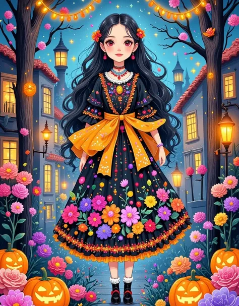 illustrate a festive scene representing the day of the dead (dia de los muertos) in mexico. include colorful paper marigolds, su...