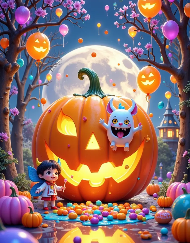 a large pumpkin in the middle of the picture ， and get all kinds of fruit candy and colorful paint from the pumpkin's eyes and m...